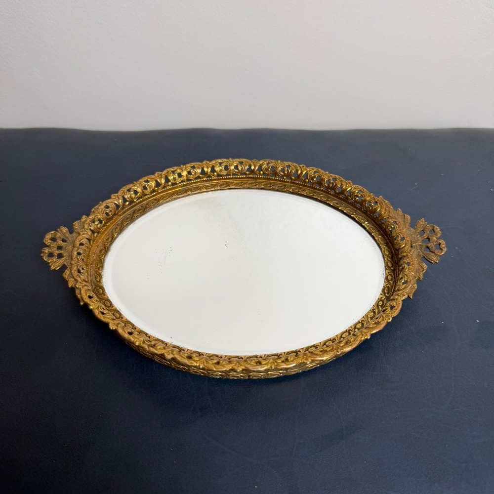 VTG Gold Filigree Mirror Vanity Tray Oval Hollywood Regency Perfume Holder 6x7